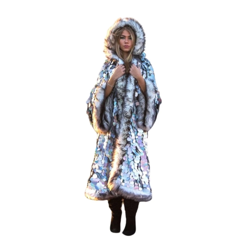 

Новинка 2024, куртка из искусственного меха, жилет с капюшоном и блестками, костюм для косплея, развлекательная ярмарка, праздничная одежда