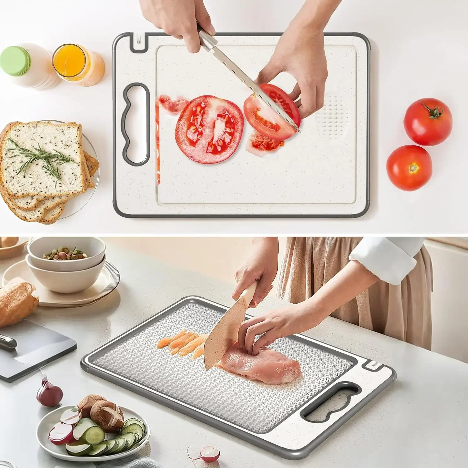 1pc Stainless Steel Kitchen Cutting Board Food Grade Anti-Slip Silicone Edges Wheat Straw Board Double Sided Chopping Board