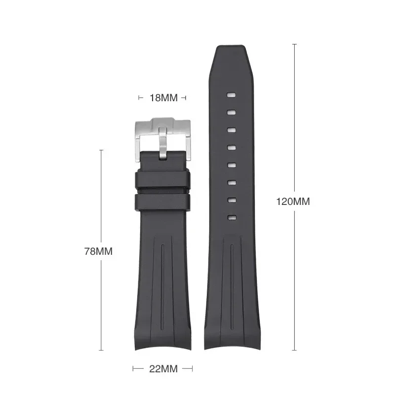 Waterproof Quick Release Rubber Watch Strap with Stainless Steel Buckle - 22mm, Curved End Design