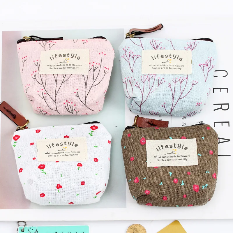 Bolsa de moedas pequena feminina estilo coreano, carteira de algodão com zíper flor, chave de dinheiro, carteira, bolsa para crianças e meninas