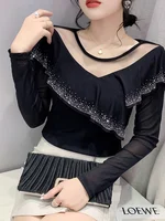 Spring Autumn Women's Long Sve Lace Trim Base irt Sexy Me Top Slimming T-irt Korean Sle Commute Faion