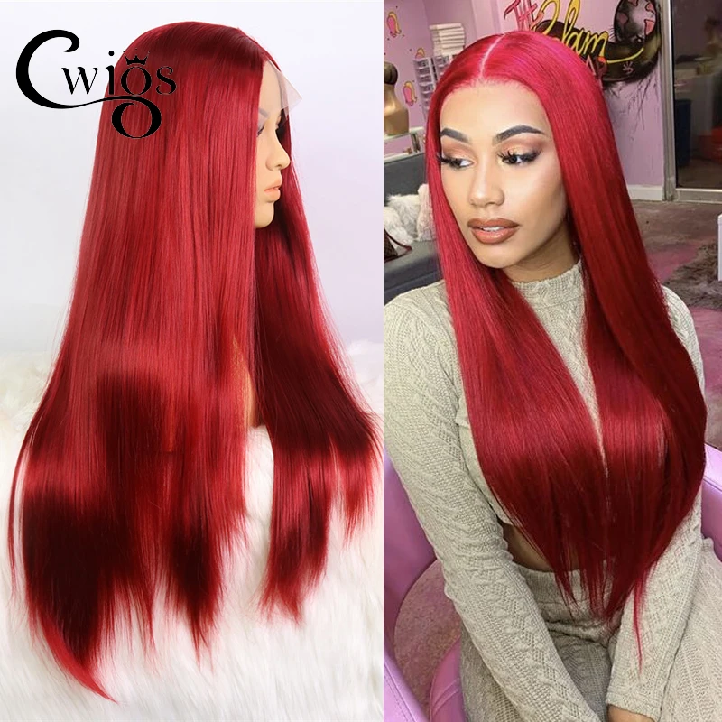 

Cwigs Soft Wine red Long Straight Synthetic Lace Front Wig Hd Transparent Lace Frontal Wig Synthetic Wigs for Women Cosplay Wig