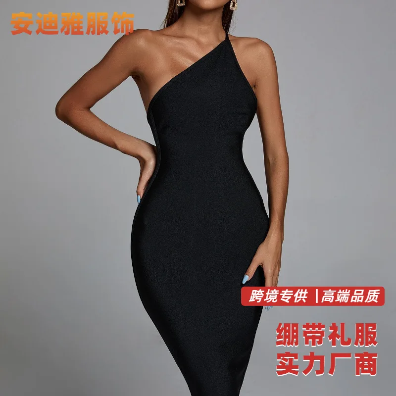 

One-Shoulder Diagonal Collar Fashion Sexy Backless Slim Fit Socialite High-End Simple Dress Black Bandage One-Piece Dress