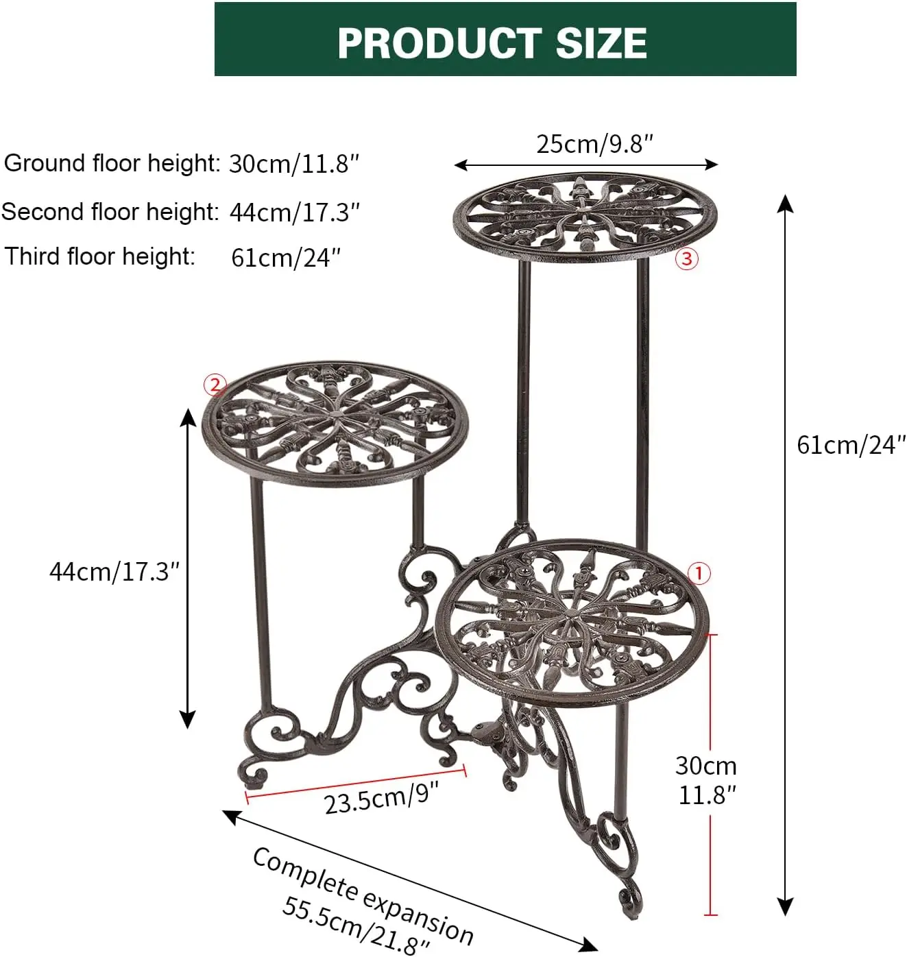 Heavy Duty Cast Iron Plant stand, 3 Tier Foldable Metal Plant Shelf, 24in Tall Vintage Flower Pot Holder Indoor Outdoor Tiered P