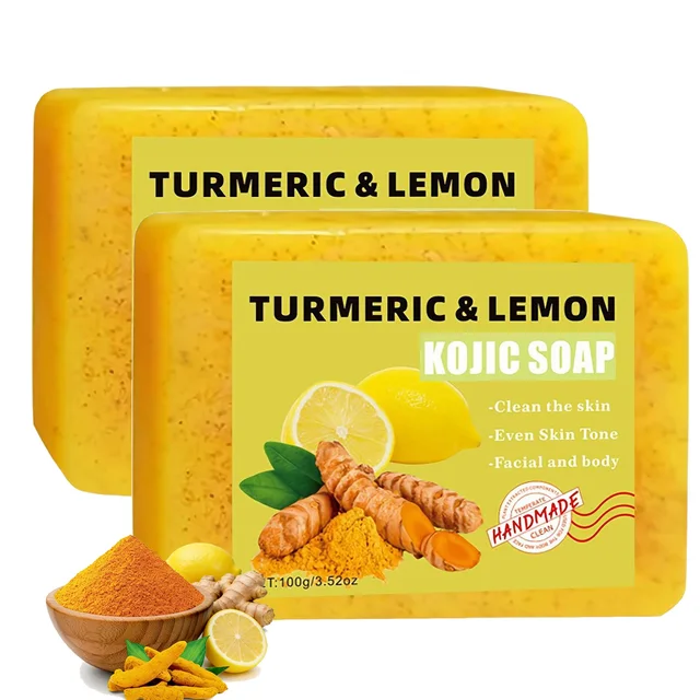 Savon en barre au curcuma, à l'acide kojique et au citron, savon éclaircissant pour un teint uniforme, enrichi en vitamine E, savon doux au citron pour le visage et le corps. 1