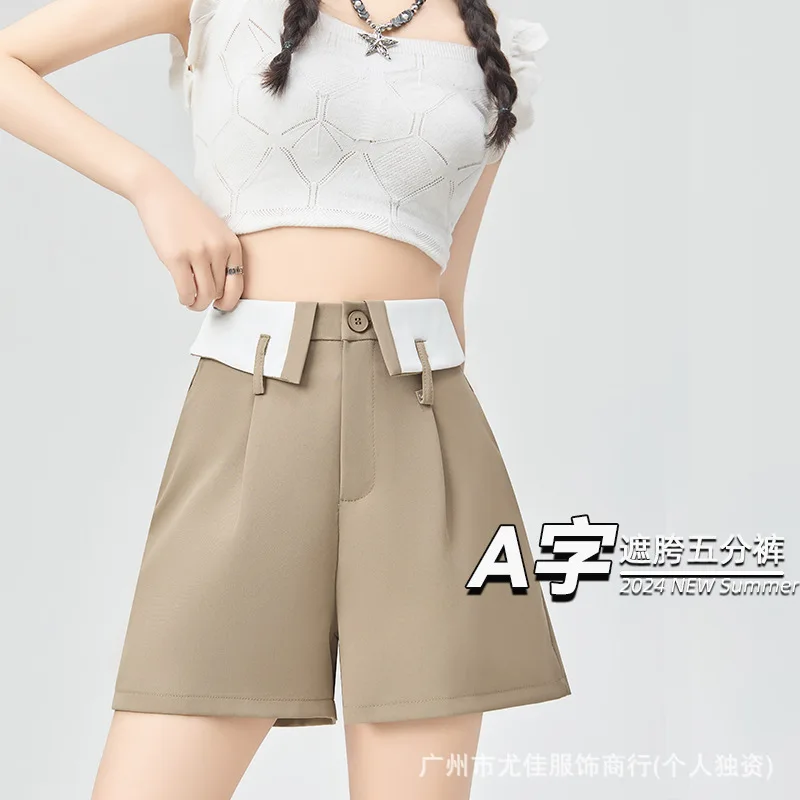 

Korean Fashion High-waisted Chic Shorts Summer Loose Casual Wide-leg Khaki Black Pants 2024 New High Street A-line Blazer Shorts