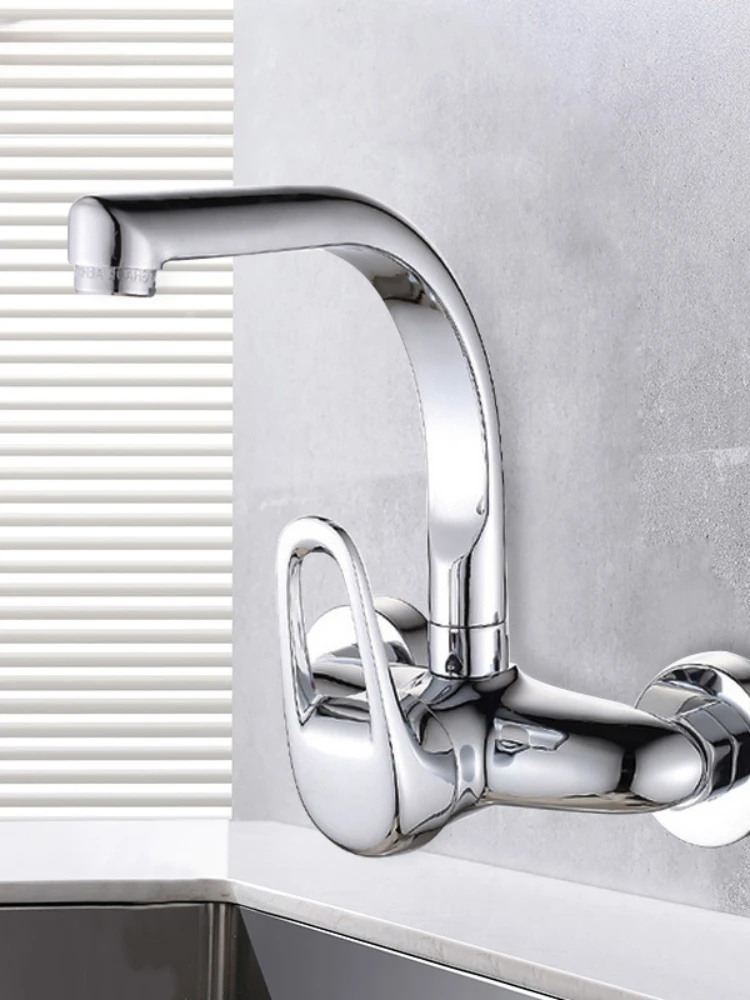 

Wall Mounted Kitchen Faucet Copper Vessel Sink Vegetable Basin Tap Dual Hole Hot Cold Water Mixer Tap Swivel Spout Mop Pool Tap
