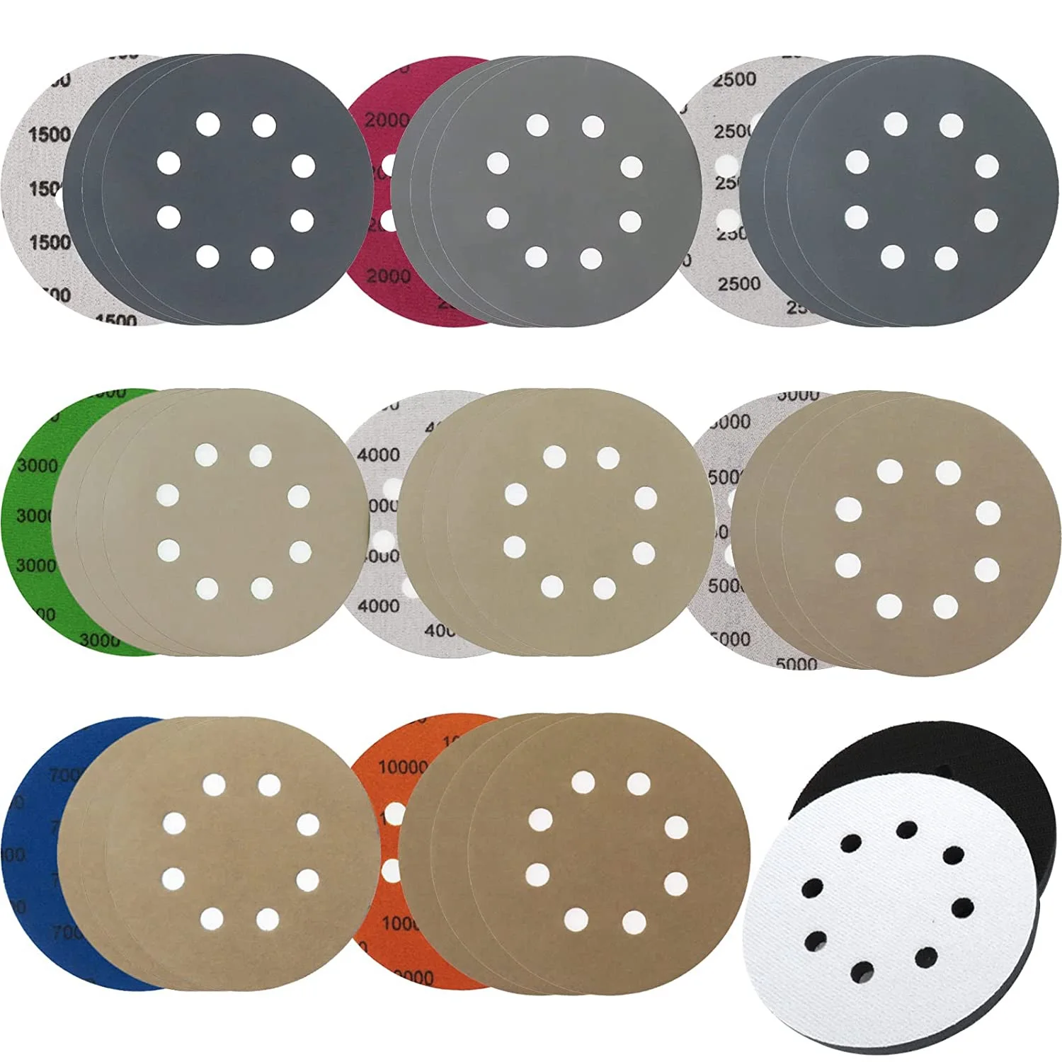 

32 Piece 5Inch 8 Hole Sandpaper with 2 Interface Pads Sanding Disc Hook and Loop, Wet and Dry Random Orbital Sandpaper