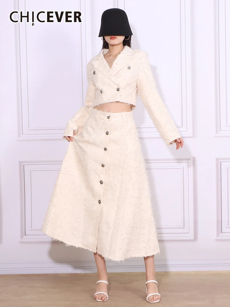 

CHICEVER Spliced Tassels Two Piece Set For Women Notched Collar Long Sleeve Coat High Waist A Line Midi Skirts Solid Sets Female