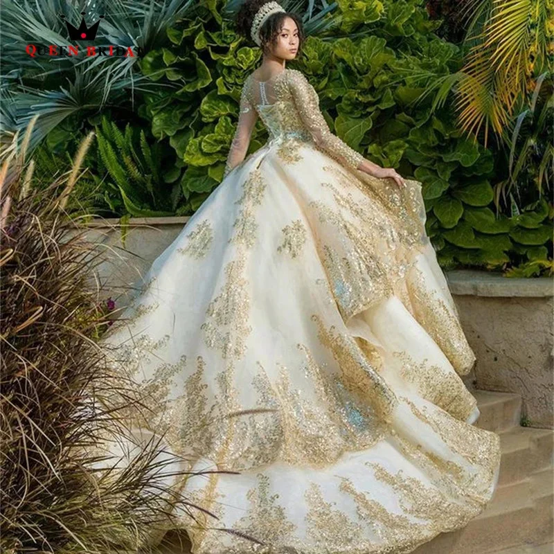 Gold Quinceanera Dress Lace Pearls Ball Gown vestidos para 15 vestido a&ntilde;os Glitter Long Sleeve Sequined Birthday Prom Gown V1F31