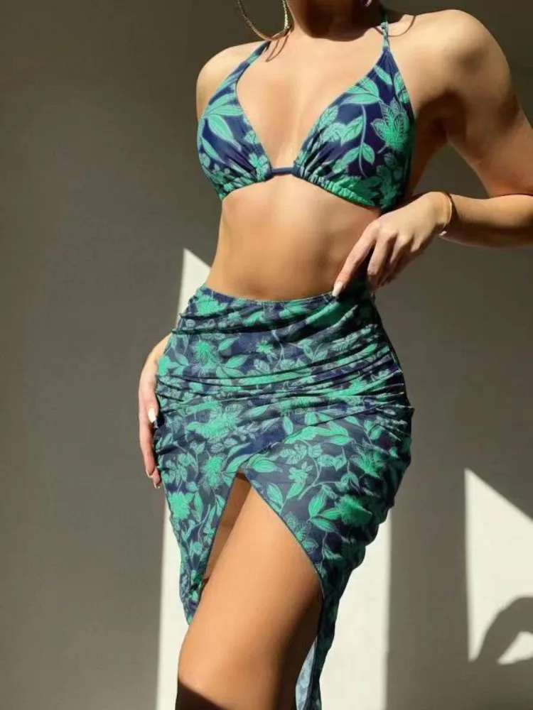 3 Pieces Bikini Sexy Women Swimsuits Female Swimwear Floral Bikini Sets Cover Ups Swimming Suits Outfits Beachwear Maxi Dress