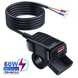 High - Power Motorcycle USB Charger with Dual Ports and Voltmeter - Waterproof and Switch - Enabled (PD QC3.0 NO Volt)