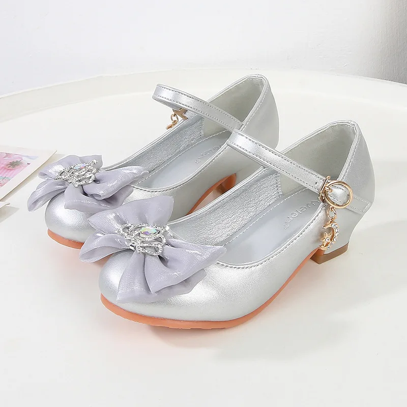 Children Girl Dance Dress Shoes Fashion Crown Bowknot Kids Leather Shoe Spring Wedding Princess High-heels Single Shoes