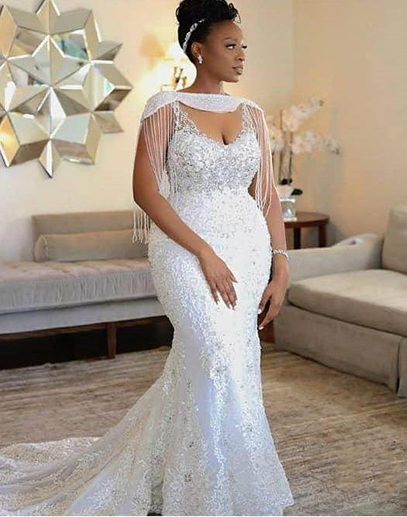 

Beaded Lace Mermaid Wedding Dress For Bride V-Neck Straps Pearls Beading Luxury Bridal Gowns Court Train