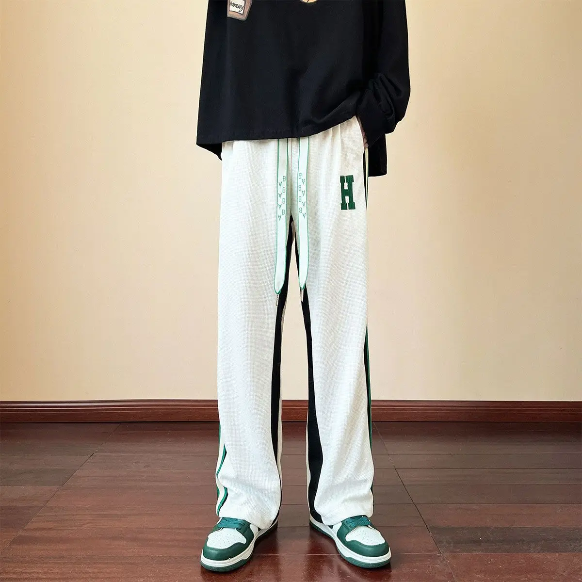 Klein Blue premium Waffle pants men's American High street straight leg loose drop striped floor length casual pants
