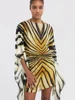 Robe Tunique Chic Rayée Style Kimono Col Bateau Manches Kimono Imprimé Chevron Ceinture à Nouer Robes Élégantes pour Femme Vestido