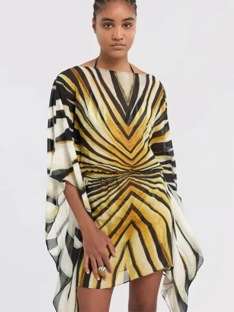 Robe Tunique Chic Rayée Style Kimono Col Bateau Manches Kimono Imprimé Chevron Ceinture à Nouer Robes Élégantes pour Femme Vestido