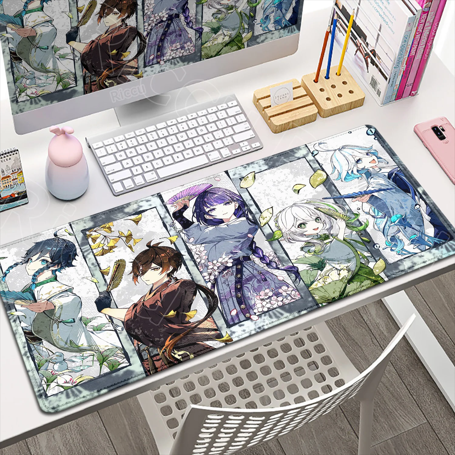 Laptop-Mauspad mit Nahtrand, XXL, Genshin Impact Furina Raiden Shogun, großes Computer-Schreibtischunterlage, hochwertiges Tisch-Schreibtischunterlage