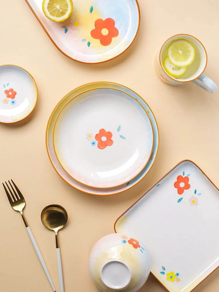 Ceramic 4.5inch Rice Bowls 6inch Salad Bowl 14 Inch Plates Creative Japan Style Cartoon Floral Under Glazed Porcelain Dinnerware