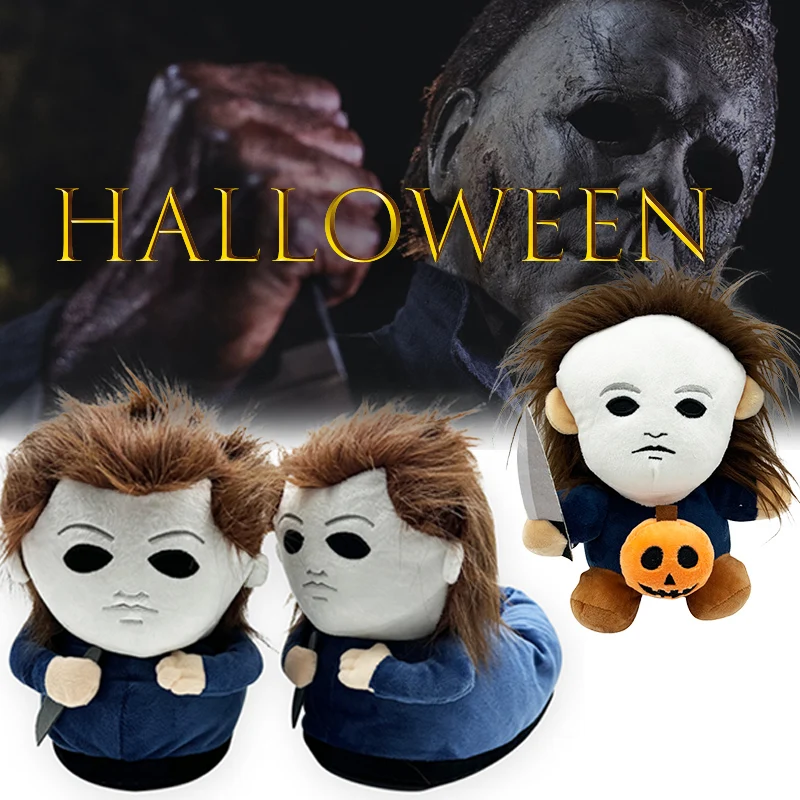 Highland Cow Michael Myers pantofole di peluche di Halloween Soft Cartoon Cosplay scarpe di peluche inverno caldo divertente pantofola da interno regali giocattolo