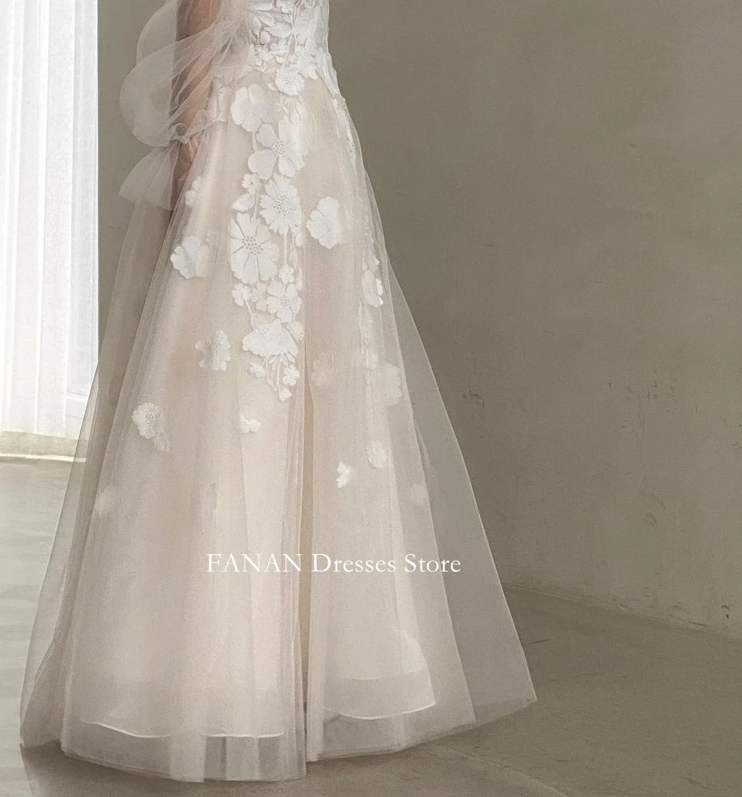 Korea Off the Shoulder Wedding Dresses Puff Sleeves Classic Tulle Appliques Bride Gowns Plus Size
