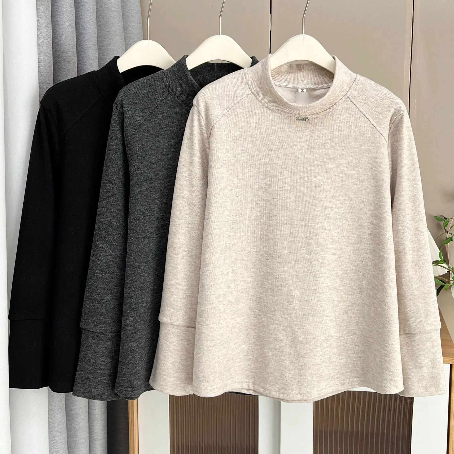 XXXXL Fashion Plus Size Women's T-Shirt Autumn Winter Thickened And Fleece Warm Simple Mock Neck Long Sleeved Base Tops 2551
