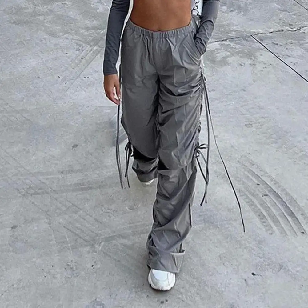 

Women Punk Wide Leg Cargo Pants Drawstring Baggy Sweatpants Hollow Trousers Oversized Straight Wide Leg Casual Streetwear