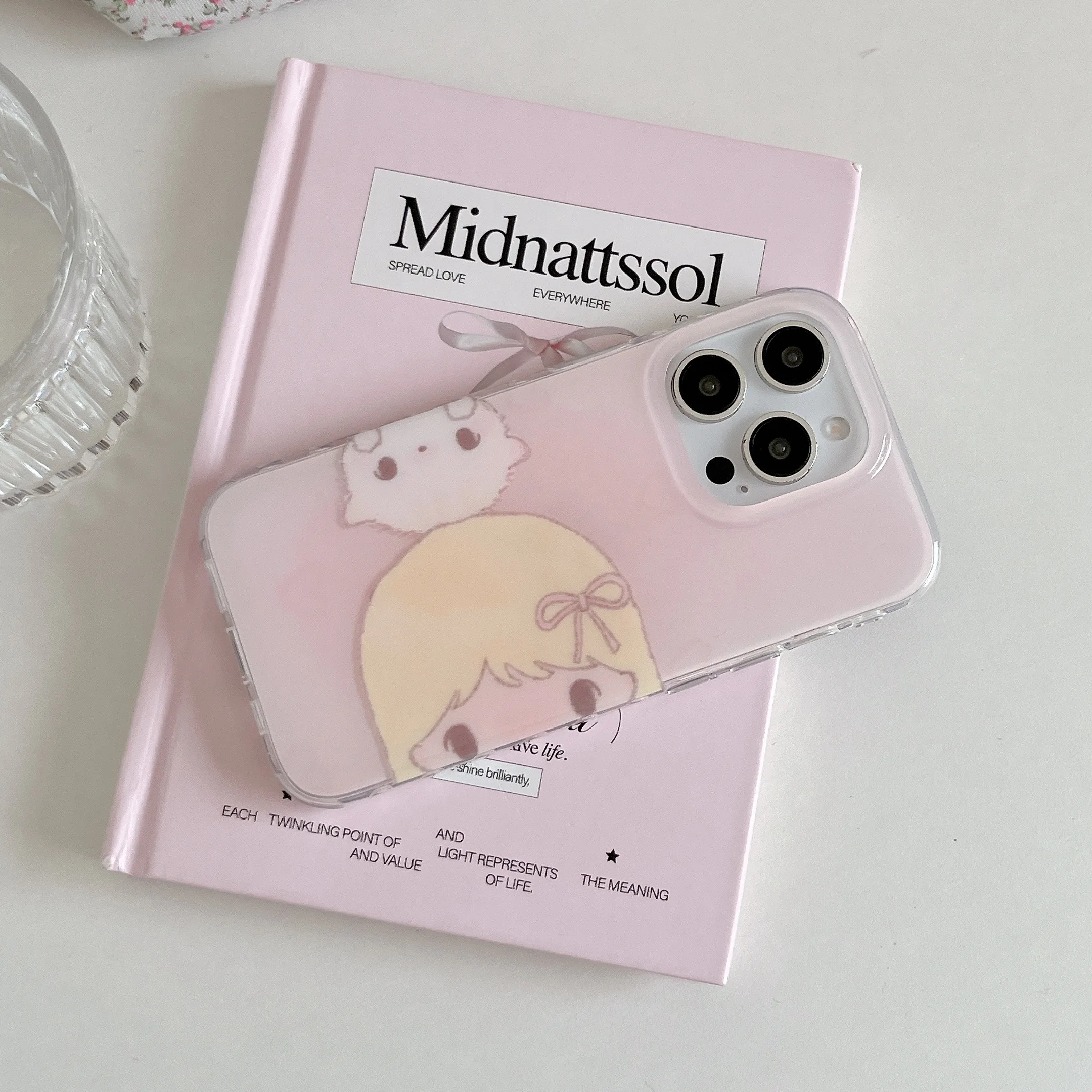 Cartoon Pink Background Cute Cat & Girl Lovely Phone Case Cover Capa