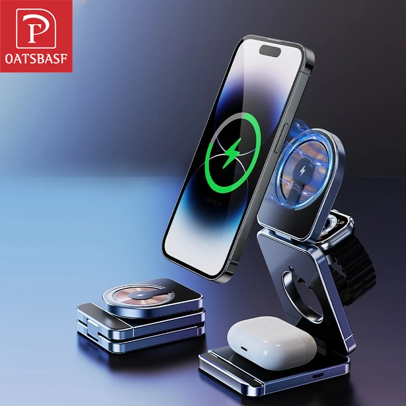 

Oatsbasf 3 in 1 Wireless Charger Stand Mobile Phone Watch Headset Charger Foldable Magsafe Magnetic Fast Charging Dock Station