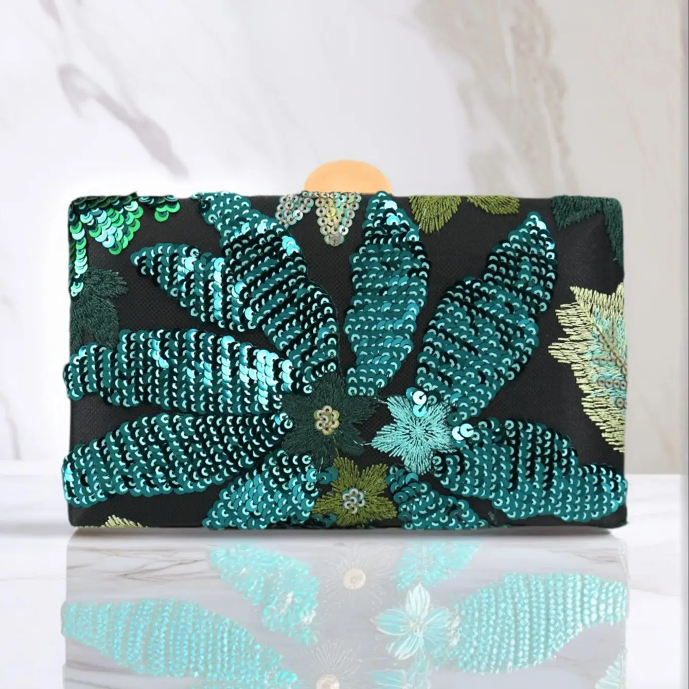 Green Sequin Embroidered Evening Bag for Women