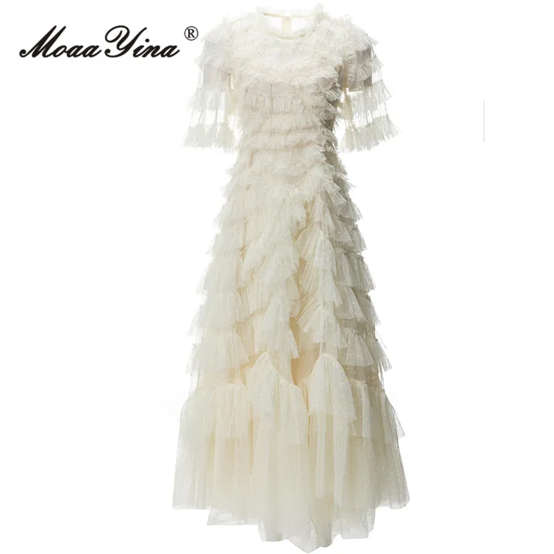 

MoaaYina, Осеннее модное дизайнерское бежевое винтажное платье в горошек, женское платье с О-образным вырезом, каскадные оборки, высокая талия, тонкое Сетчатое длинное платье трапециевидной формы