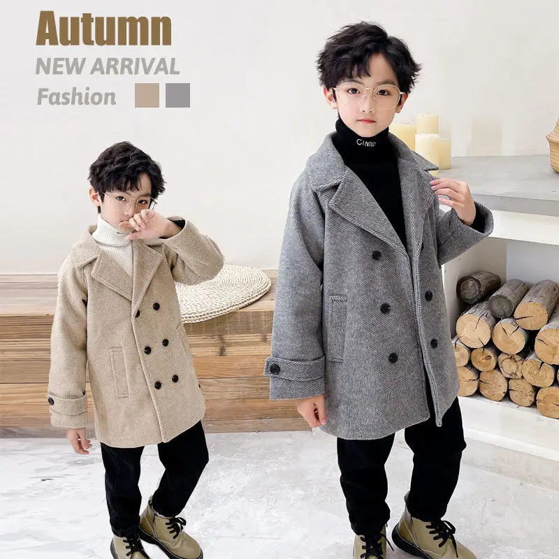 

New Kids Teenange Cotton Padded Woolen Jacket Coat Boys Breasted Long Outwear Clothing for Boys Clothes Child Boy 3-10 Years
