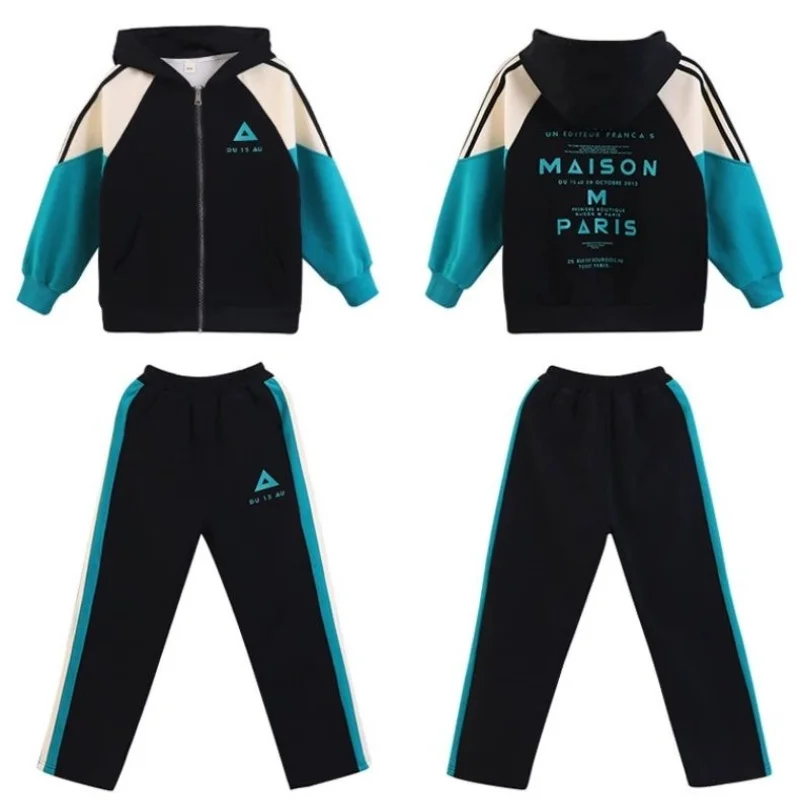 

New Korean Style Fashion Big Girls Clothes Spring Autumn Zipper Hooded Coat Pockets Long Trousers 2 Pcs Sports Clothing Sets
