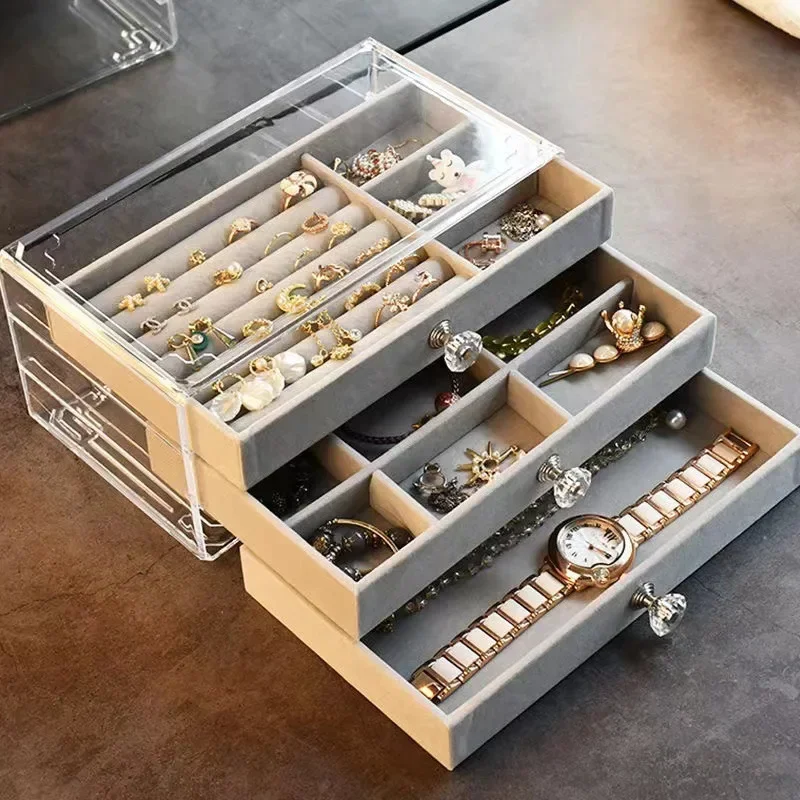 Jewelry Organizer Velvet Acrylic 3 Drawers Stackable Display Storage Earrings Necklace Bracelets Box Holder Case For Women