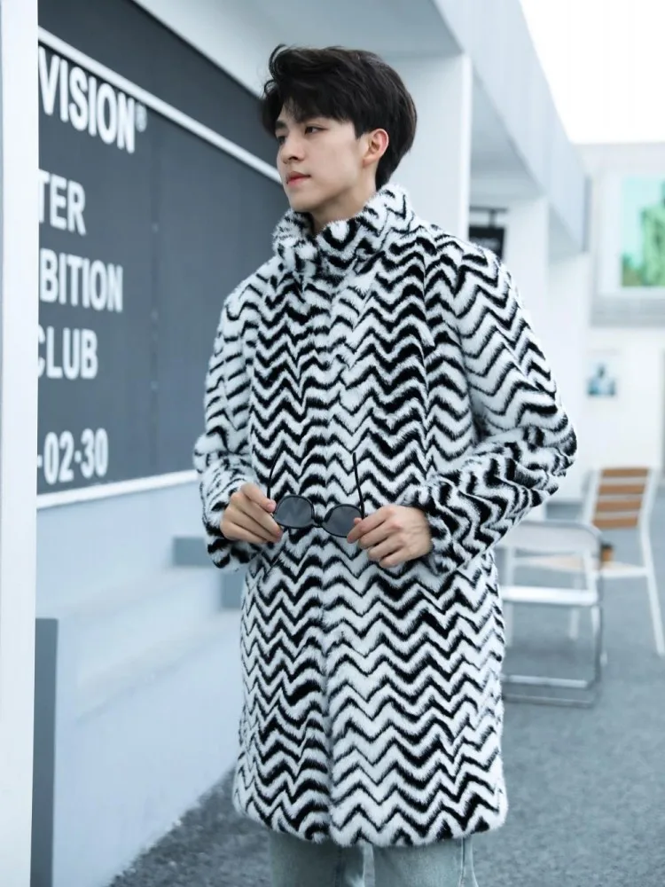 Description Picture 5 of itemWinter Thick Warm Faux Fur Coat Men Stand Collar Colors Mixed Striped Plush Overcoat Fashion Artificial Fur Mid Long Trench Coat