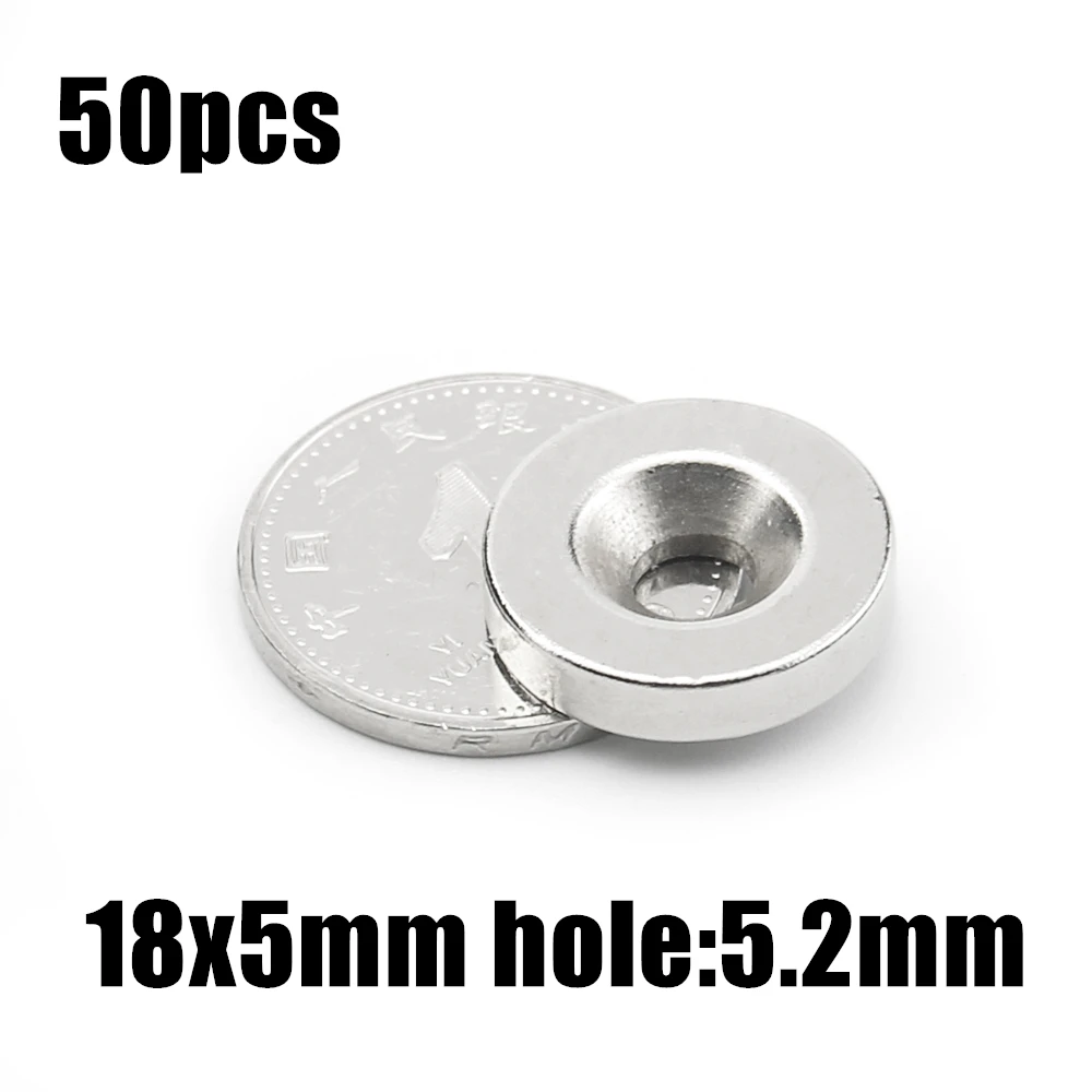 50 шт., круглый неодимовый магнит с потайным кольцом, 18 Х5 мм