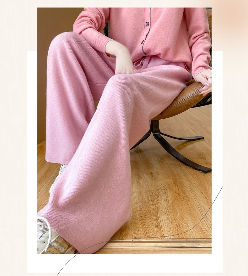 سراويل نسائية صوف مستقيمة للخريف والشتاء بخصر مطاطي 100% صوف ميرينو محبوك بجيوب صلبة سراويل كلاسيكية للمكتب للسيدات