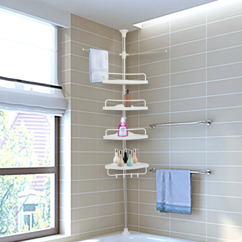 

4 Tier Corner Pole Shower Caddy Shelf Kitchen Bathroom Towel Soap Storage Rack White Shower Holder Rack
