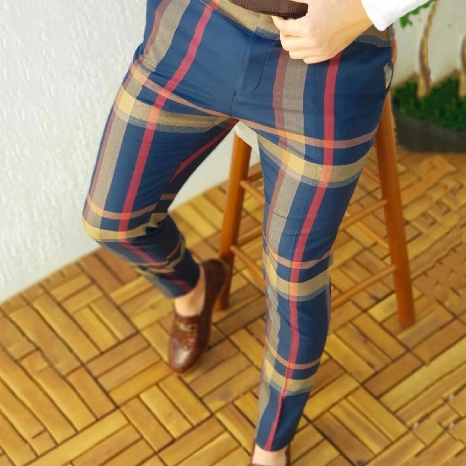

Men's Casual Plaid Print Party Suit Pants Stretch Feet Pants With Pockets Hot Sale Men Korean Muti-color Plaid Casual Pants