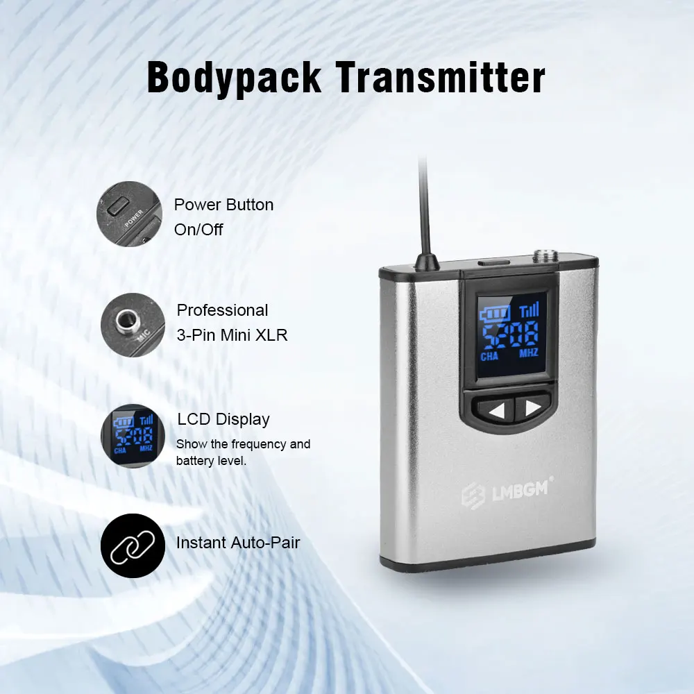 LMBGM-MK36 UHF Wireless Microphone System Mini Bodypack Lavalier/Headset Mics Metal Material Long Battery Life for Live,Teaching