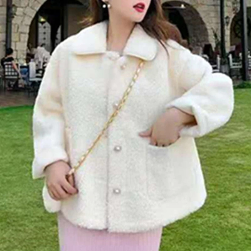 Women's Autumn and Winter Long-sleeved Lapel Cardigan 2023 Fashion Women's Clothing Imitated Lamb Velvet Solid Color Loose Coat loose simple fashion trend wild long sleeved cotton coat for autumn and winter new lamb wool plus velvet warm quilted jacket