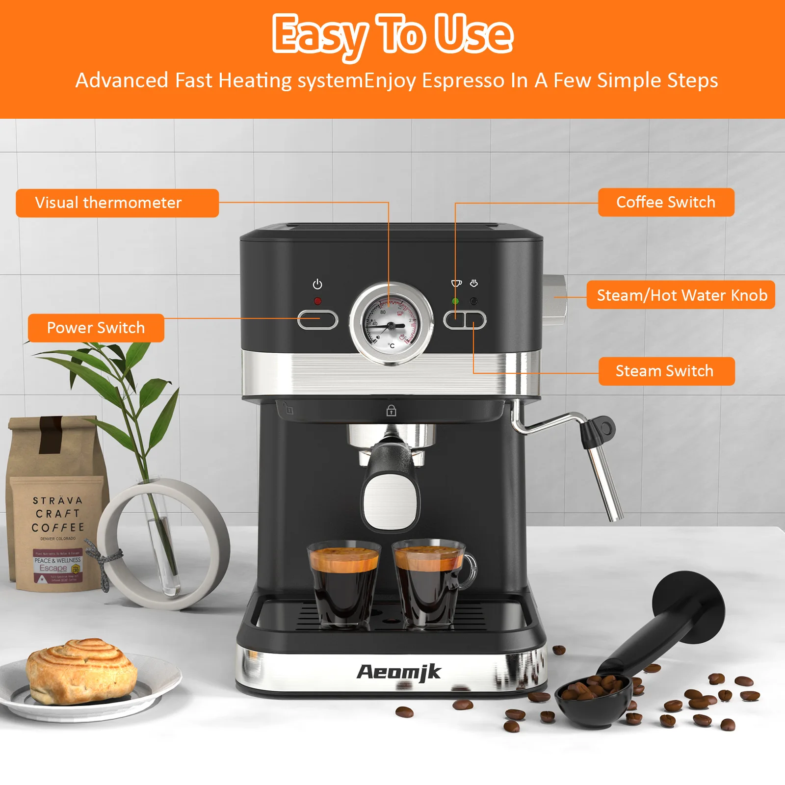 Aeonjk Espresso machine hit delicate milk foam Americano cappuccino latte coffee latte 120v 1050w American plug