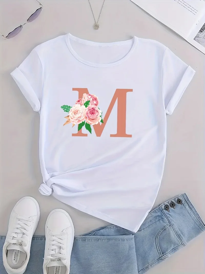 

Women's Clothing Flower & "M" Letter Graphic Casual T-Shirt, Round Neck Short Sleeves Soft Sporty Tee,