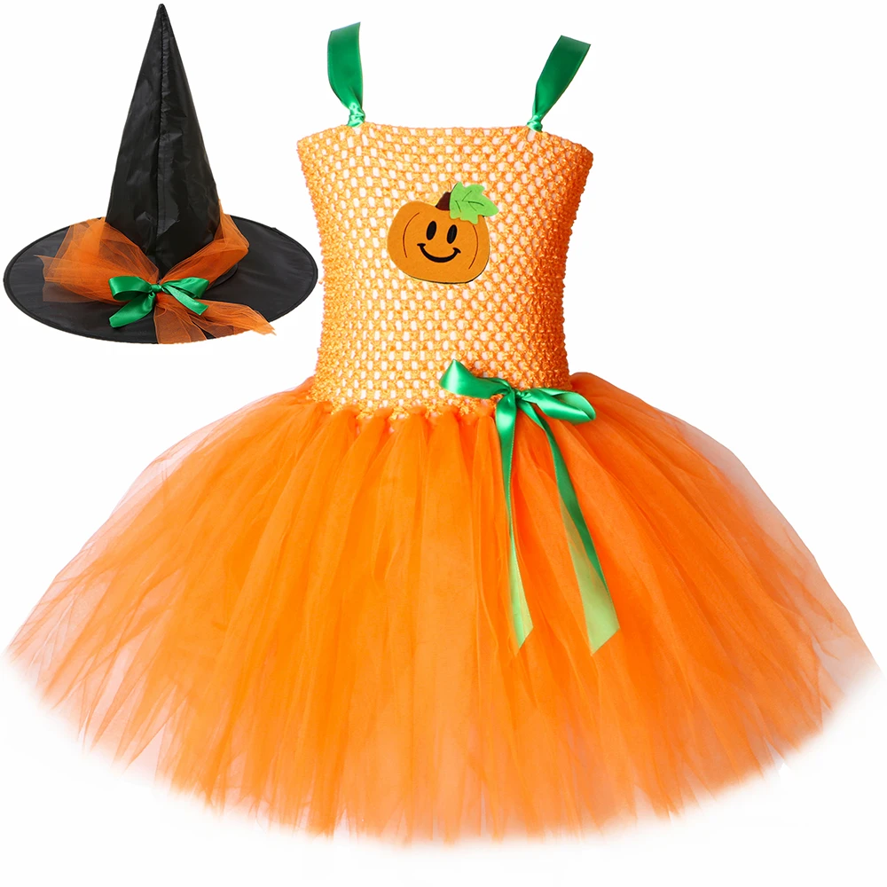 

Orange Pumpkin Tutu Dress for Girls Halloween Cosplay Costume Tulle Kids Carnival Party Dresses Children Clothing with Witch Hat