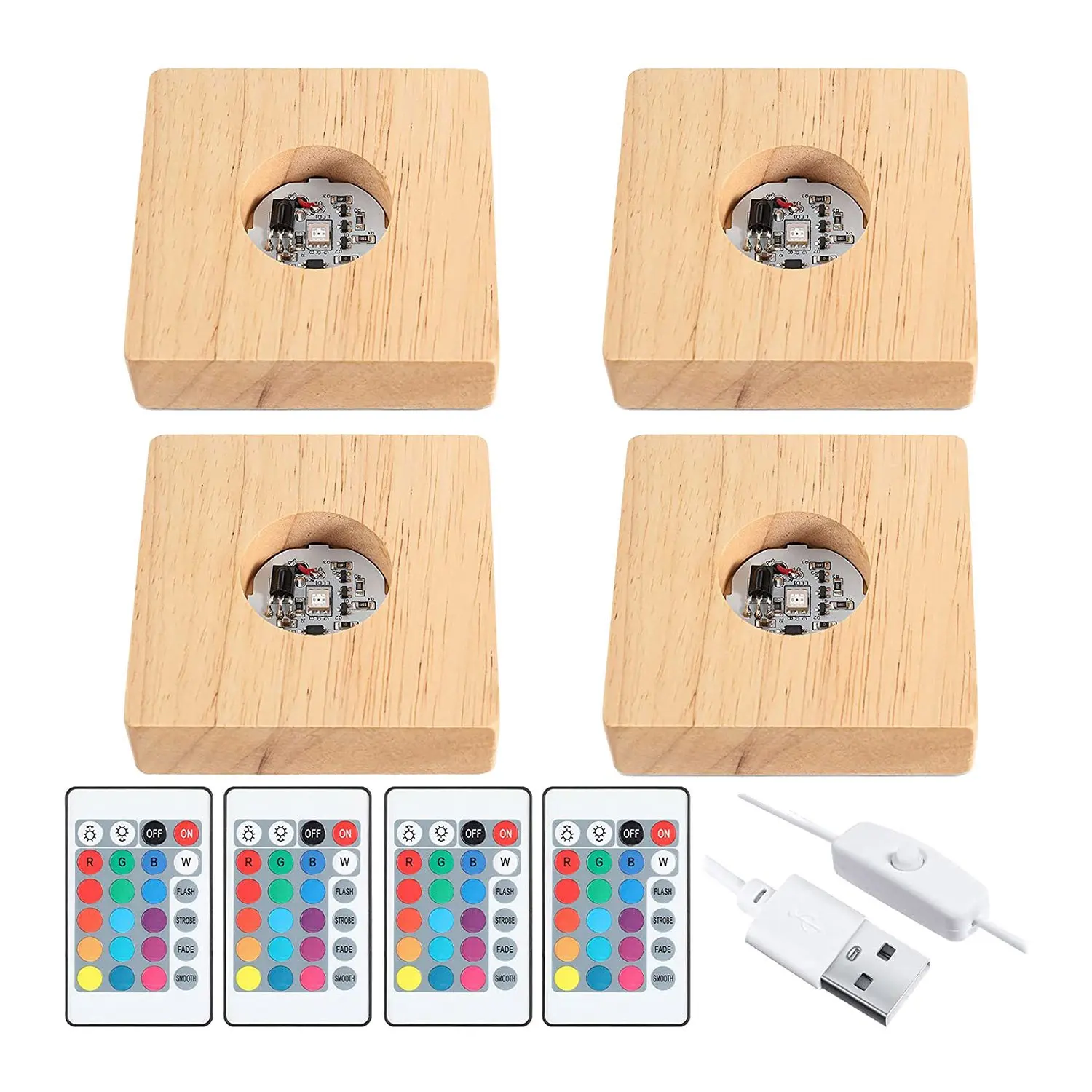 

4 Pcs Wooden LED Night Light Base Lighted Display Lamp Base Stand with Remote Control for 3D Crystal Glass Art