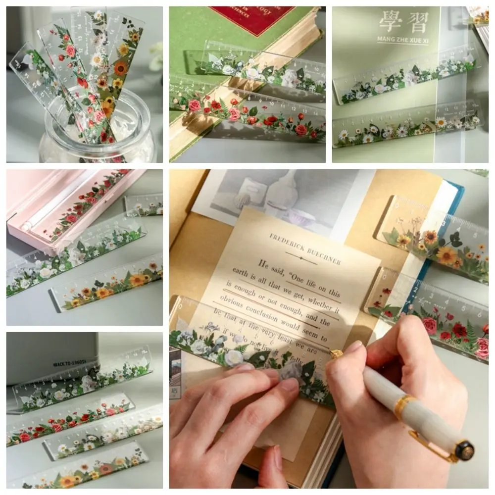 Multifunction 15cm Straight Ruler Creative Double-duty Transparent DIY Drawing Tools Rose Daisy Math Drawing Ruler Office