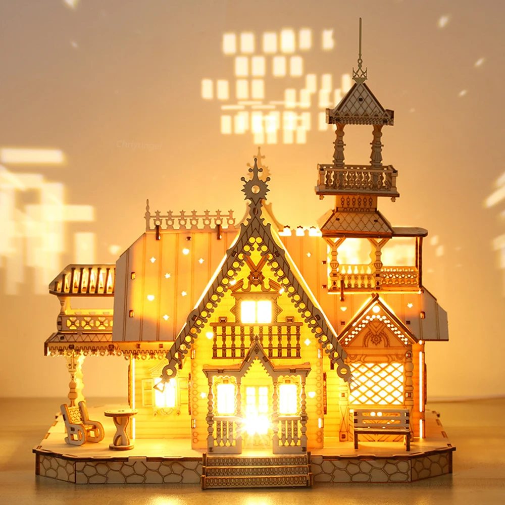 DIY Villa 3D Wooden Model Kit with Light Castle Puzzles Assembly Toy Kid Adult DIY Model Kits Desk Decoration for Gift 2