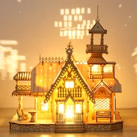 DIY Villa 3D Wooden Model Kit with Light Castle Puzzles Assembly Toy Kid Adult DIY Model Kits Desk Decoration for Gift 2
