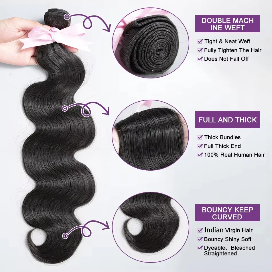 Human Hair Extensions 30 36 Inch Body Wave 2 3 4 Bundles Indian Unprocessed Virgin Double Drawn Wavys