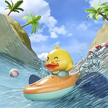 Wind-Up Canoe Bath Toy with Baby Duck - Pull String Rowing Action for Bathtub & Beach Play, Girls Kids Infants